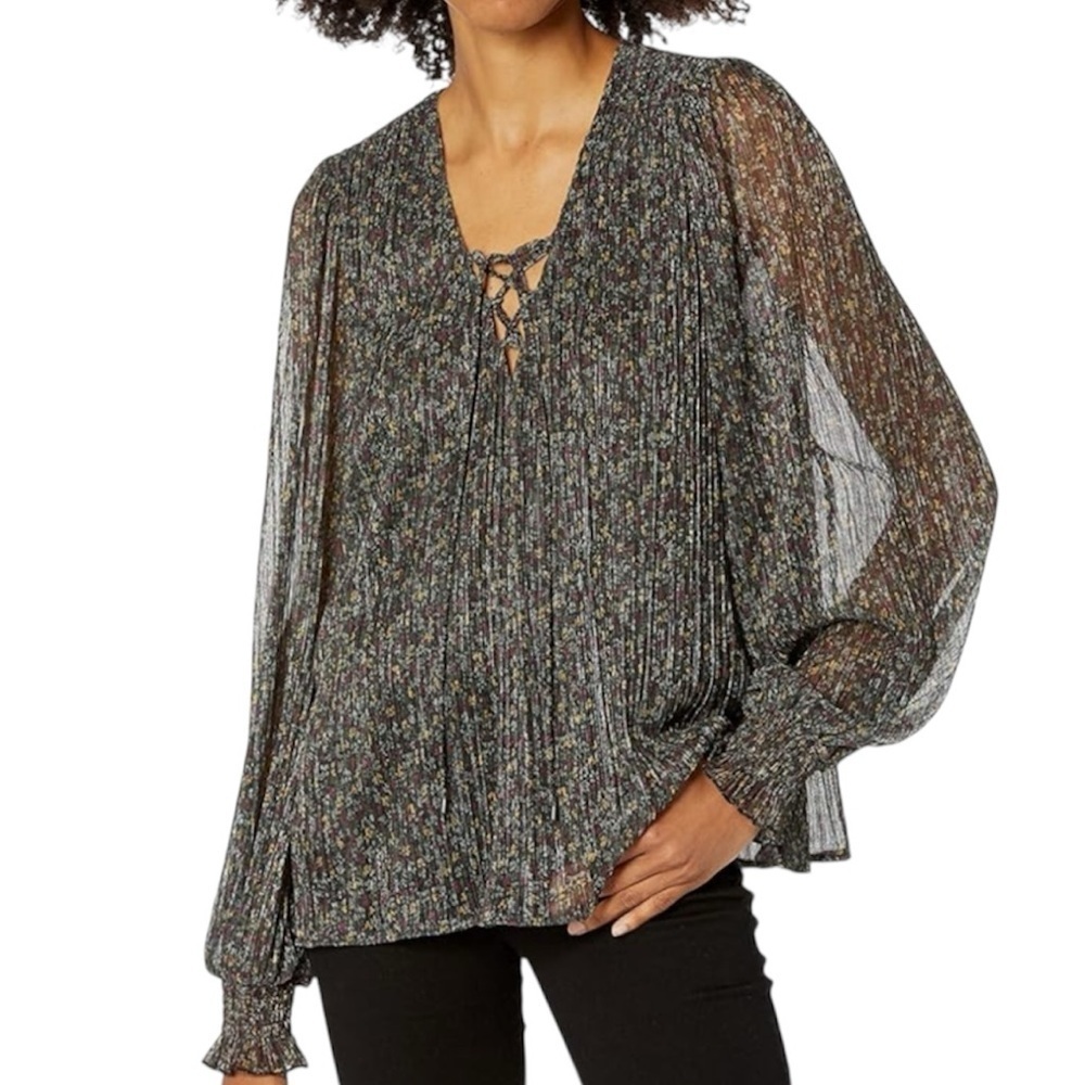 NWT RAMY BROOK Long Sheer Sleeve V-Neck Lace Up Lined Blouse Size X-Small